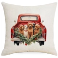 Federa natalizia con camion rosso vintage e cani golden retriever con cappelli di Babbo Natale - Stile Cane da Camion 3 / 45*45cm Lino monofacciale