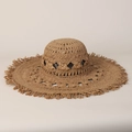 Cappello da spiaggia in paglia intrecciato a mano con tesa larga sfrangiata e intagli - M(56-58cm) / Cachi