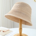 Breathable hollow knit bucket hat in beige for women with a vintage French style - M(56-58cm) / Hollow Knit Style (5639) / Beige