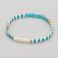 Handmade Tila bead stretch bracelet with blue and cream tiles and golden accents - Lake Blue/Iridescent Blue/White/Gold