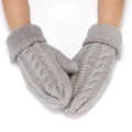 Close-up of grey cable knit fingerless gloves with soft plush faux fur cuffs - One Size / Fuzzy Light Gray
