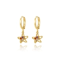 Golden starfish hoop earrings with shiny purple, orange, and clear zircon stones - Starfish Style (Style 9)