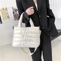 Quilted silver puffer tote bag with metallic finish and adjustable strap for women - White