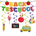 Detail view of Back to School banner with cartoon school bus and pencil swirl hangers - New Banner and Hanging Swirls Set