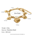 18K gold plated stainless steel heart charm bracelet with Cuban link and OT toggle clasp - Multi-heart Pendant Handmade Chain Style / Gold