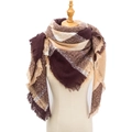 Brown and beige plaid square scarf with fringe on wooden mannequin model - Coffee Plaid