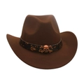 Coffee brown western cowboy hat featuring metallic skull emblem and black decorative belt - Kids [52-54cm] / Coffee (Skull)