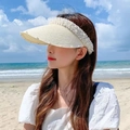 Beige handmade straw sun visor for women with elegant pearl embellishments - M (56-58cm) / White