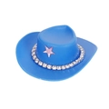 Blue mini cowboy hat doll accessory with pink star and sparkling rhinestone chain - Blue Cowboy Hat With White Rhinestone Chain