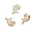 Pink crescent moon charms with gold edges and white rhinestones for DIY jewelry - White Moon 10x16mm