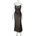 Detail of elegant black mesh ruching and spaghetti straps on a slim fit bodycon dress - S / Black