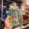 Light green large capacity water bottle with straw and time markers for fitness tracking - 1300ml Green Dual Drink Basic
