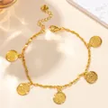 Gold bohemian coin bracelet featuring five round pendants on a twisted rope chain - 5-Pendant Coin Bracelet
