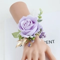 Elegant purple artificial rose wrist corsage with green leaves for bridesmaids - Wrist Corsage / Light Purple