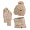 Beige 3-piece winter set with knitted hat, scarf, and touchscreen gloves in khaki - Khaki