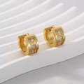 Golden C-shaped stainless steel hoop earrings with three inlaid sparkling zircons - Gold Color Geometric Maze (KE112979-XY)