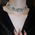 Detailed view of rhinestone choker necklace with mixed-cut crystals on silver base - Silver Necklace