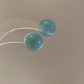 Close-up of cyan blue bead stud earrings with smooth finish and minimalist floral design - 48# Silver Pin - Blue Large