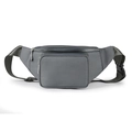 Detailed view of gray nylon waist bag with adjustable strap and black plastic buckle - Gray