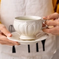 British vintage white ceramic coffee cup and saucer with elegant embossed floral patterns - Athens Cup and Saucer / Off White