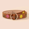 Detaillierte Stickerei von bunten Blumen auf braunem Ledergürtel mit goldener Schnalle - Blumenstickerei Goldene Runde Schnalle / Schokolade A