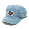 Close-up of light blue denim five-panel camper hat featuring a brown leather patch with ring - M(56-58cm) / Sky Blue