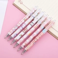 Set of 6 retractable gel pens with pink plaid and cartoon bear patterns for school - Kara Bear