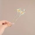 Épingle à cheveux en U avec fleurs en émail bleu et glands papillons dorés - Fleur de Pêcher Dégradé Sarcelle (101#)
