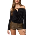 Close-up of beaded cowl neck detail on black off-shoulder long sleeve top with metal accents - S / Black