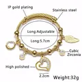 Adjustable IP gold plated stainless steel cable bracelet with heart and feather charms - B-Gold Rhinestone Heart Style
