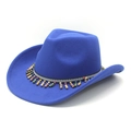Detail of royal blue wool felt fedora featuring bohemian colorful wooden bead fringe - M (56-58cm) / Sapphire Blue