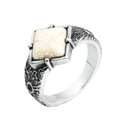 Vintage stainless steel ring for men with square white howlite stone and textured band - Steel White Turquoise