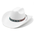White felt western cowboy hat with wide brim and bohemian beaded leather band accessory - M (56-59cm) / White