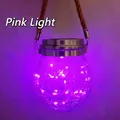 Solar crackle glass jar lantern with pink LED string light and hemp rope handle - 20 LED Pink Light