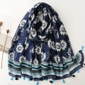 Ethnic cotton-linen feel scarf in deep blue with sunflower print and fringe details - Dark Blue Base Sunflower Pattern (SL2507-009)