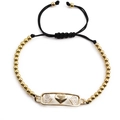 Pulsera ajustable de cuentas bañada en oro con dijes de corazón y circonitas - Triple Corazón Hueco Incrustado / Cuerda negra con cuentas de cobre