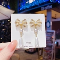 Elegant gold bow earrings with pearls and rhinestones on S925 silver needles - Gold Bow Pearl Teardrop Dangle Earrings (E0251)