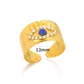 Detail of 18K gold evil eye ring with blue stone and vertical brushed texture, 13mm width - Gold Blue Evil Eye