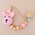 Pink handmade crochet bunny baby pacifier clip with natural wooden beads and metal buckle - Pink