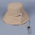 Detail of beige sun hat featuring wide brim, decorative button, and adjustable chin strap - M(56-58cm) / Khaki