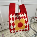 Red knit tote bag with white diamond pattern and yellow flower detail in variant color - Red Argyle Small Flower