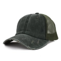 Detail of washed cotton trucker hat with distressed brim and breathable mesh back - Army Green