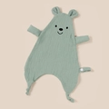 Detail of green muslin cotton baby security blanket with bear head and pacifier strap - Bean Green Embroidery