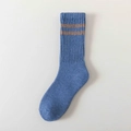 Mid-calf wool knit socks in blue with double brown stripes on the ribbed cuff - Denim Blue