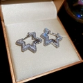Makroaufnahme von silbernen Sternohrringen mit Zirkonia in einer Satin-Schmuckschatulle - Ohrringe mit Scharnier-Silber