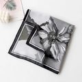 Elegant square silk scarf featuring monochrome floral print with black and white borders - Black Grey Large Floral