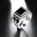 Anillo masónico vintage para hombre con gema negra y banda ancha grabada plata - Abierto Ajustable / Estilo A-Símbolo Masónico