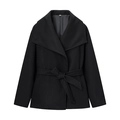 Women's black wool coat with stylish lapel collar and adjustable tie waist belt for autumn - S / Black