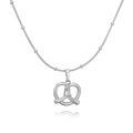 Detailed close-up of silver pretzel heart pendant with clear zircon on snake chain - Single Zirconia Pretzel Necklace / Silver
