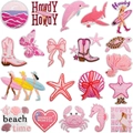 Pink theme embroidery patches set with starfish dolphin crab and butterfly iron-on appliques - Full Set Style